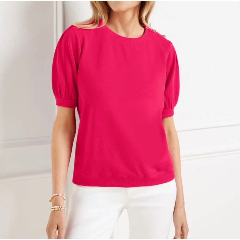 Talbots Button Shoulder Crewneck Sweatshirt Hot Pink Size S Short Sleeve